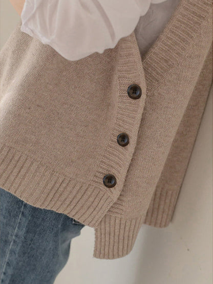 Simple Sleeveless Loose Buttoned Solid Color Round-Neck Sweater Vest Outerwear