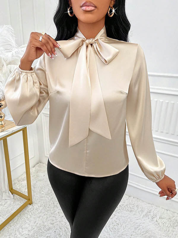 Long Sleeves Loose Bow-Embellished Pleated Solid Color Split-Joint Scarf Collar Blouses&Shirts Tops