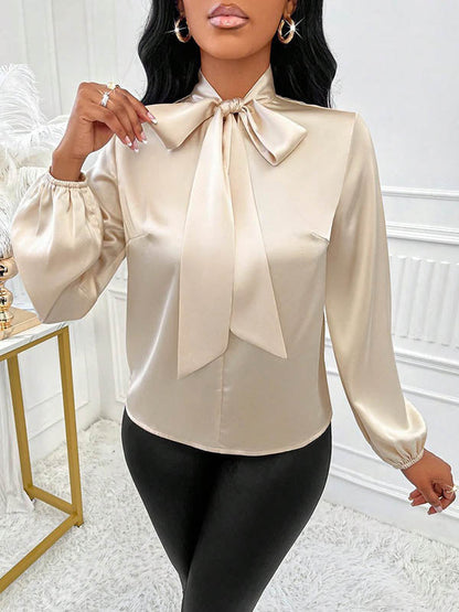 Long Sleeves Loose Bow-Embellished Pleated Solid Color Split-Joint Scarf Collar Blouses&Shirts Tops