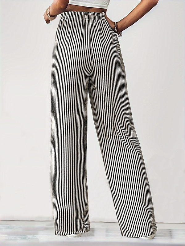 Loose Drawstring Elasticity Pockets Split-Joint Striped Pants Trousers