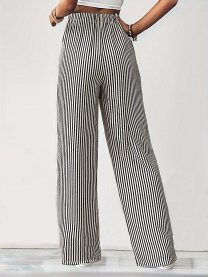 Loose Drawstring Elasticity Pockets Split-Joint Striped Pants Trousers