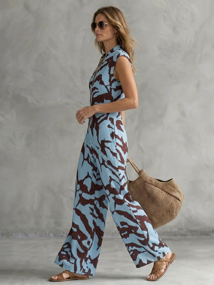 Loose Sleeveless Cow Printed Printed Zipper V-neck Jumpsuits