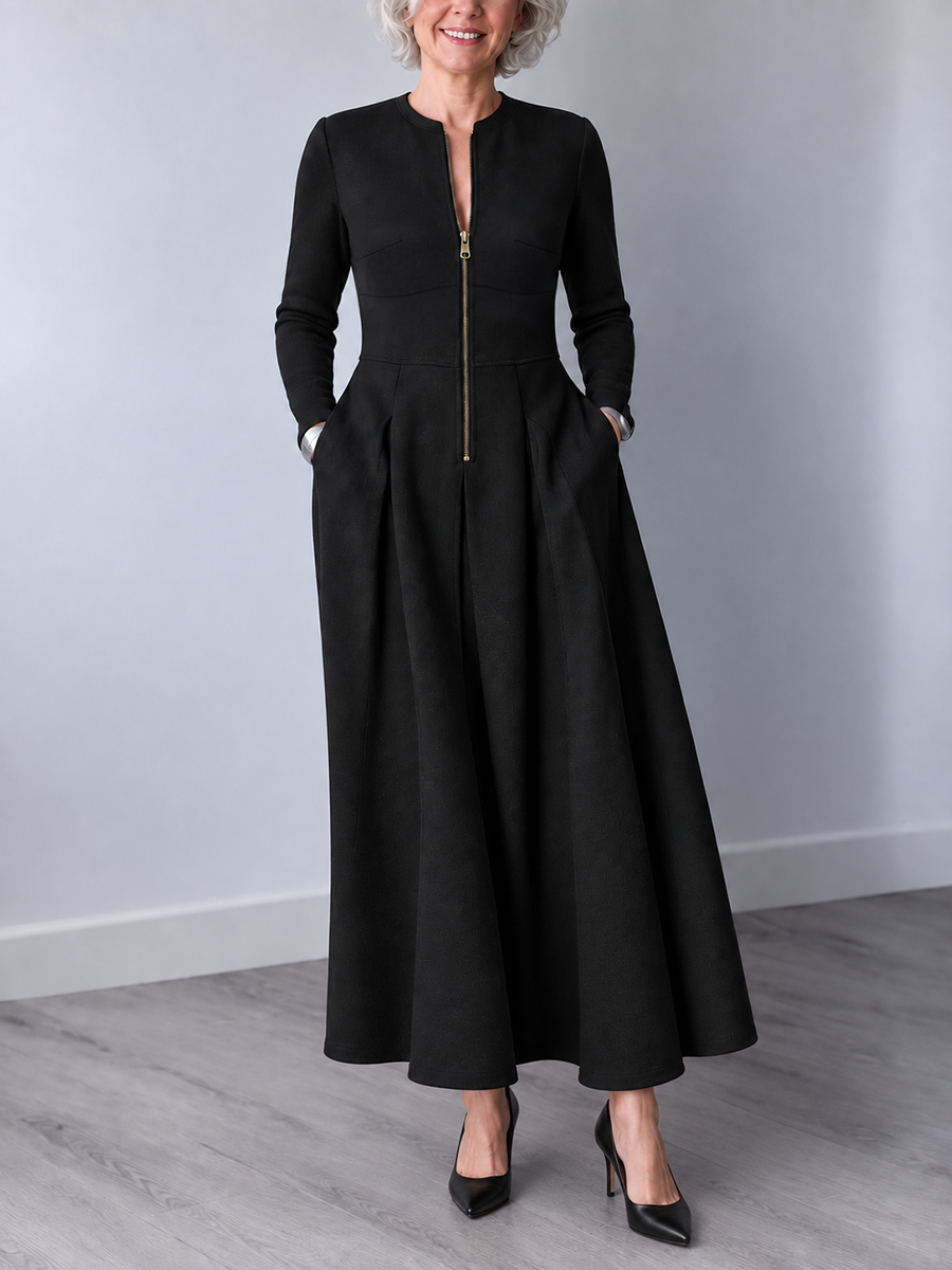 Zipper Solid Color Pockets Long Sleeves High Waisted Round-neck Maxi Dresses