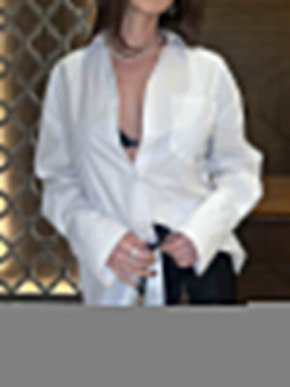 Long Sleeves Loose Buttoned Pockets Solid Color Lapel Blouses&Shirts Tops