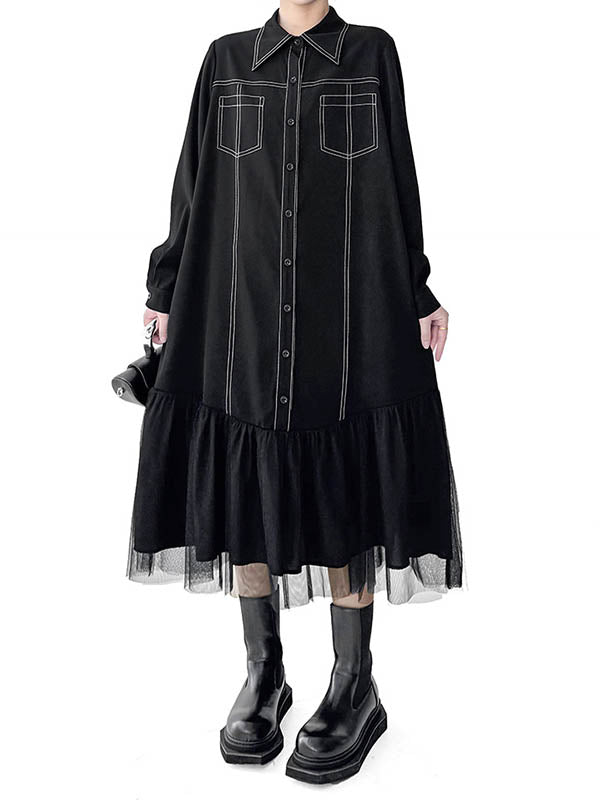 Irregularity Long Sleeves Asymmetric Buttoned Line Solid Color Split-Joint Lapel Midi Dresses Shirt Dress