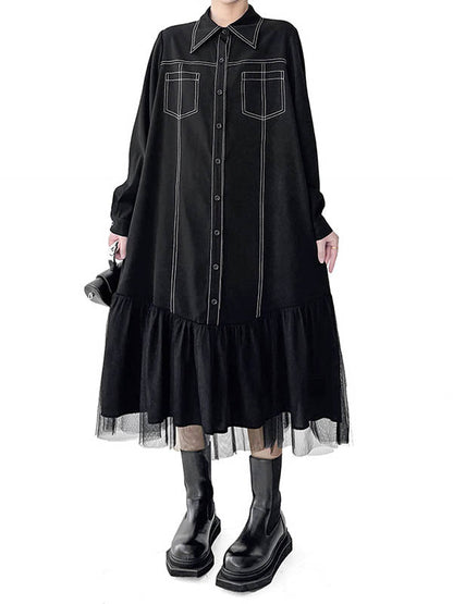Irregularity Long Sleeves Asymmetric Buttoned Line Solid Color Split-Joint Lapel Midi Dresses Shirt Dress