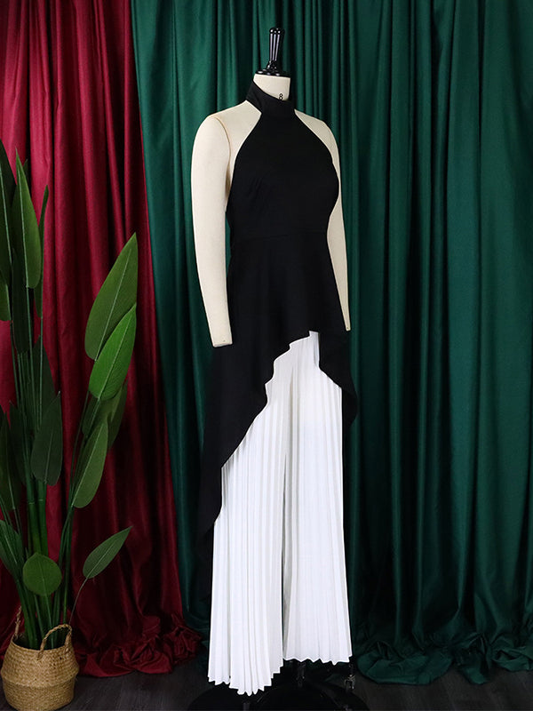 Ensemble deux pièces haut court et pantalon taille haute en dentelle à dos nu et col licou 