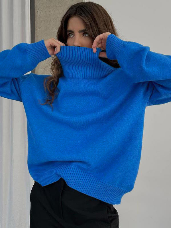 Casual Long Sleeves Loose Solid Color High-Neck Sweater Tops BLUE
