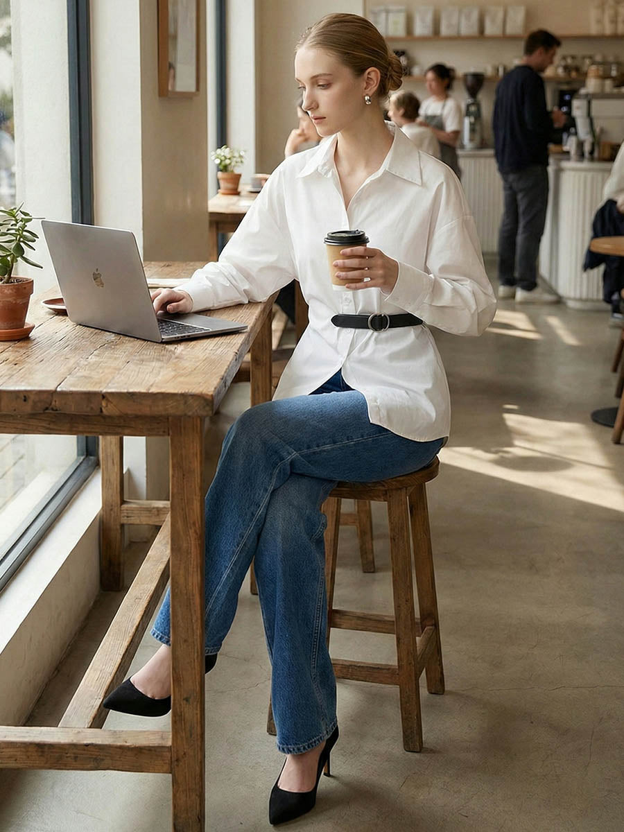 Long Sleeves Loose Belted Buttoned Contrast Color Split-Joint Lapel Blouses&Shirts Tops