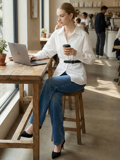Long Sleeves Loose Belted Buttoned Contrast Color Split-Joint Lapel Blouses&Shirts Tops