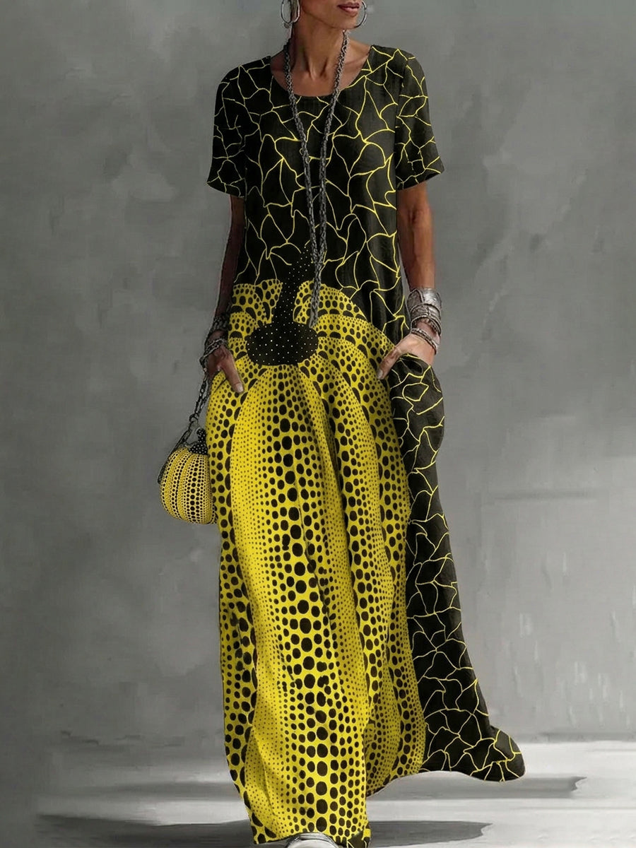 Loose Short Sleeves Contrast Color Pockets Printed Maxi Dresses