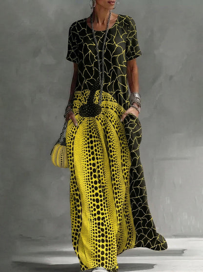 Loose Short Sleeves Contrast Color Pockets Printed Maxi Dresses