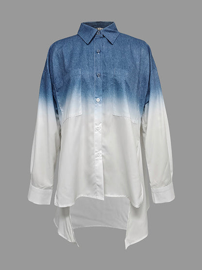 High-Low Loose Gradient Printed Split-Joint Split-Side Lapel Blouses&Shirts Tops