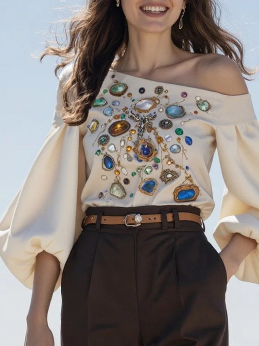 Long Sleeves Puff Sleeves Printed Off-The-Shoulder Blouses&Shirts Tops