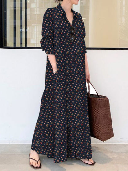 Vintage Printed Lapel Long Sleeve Shirt Maxi Dress