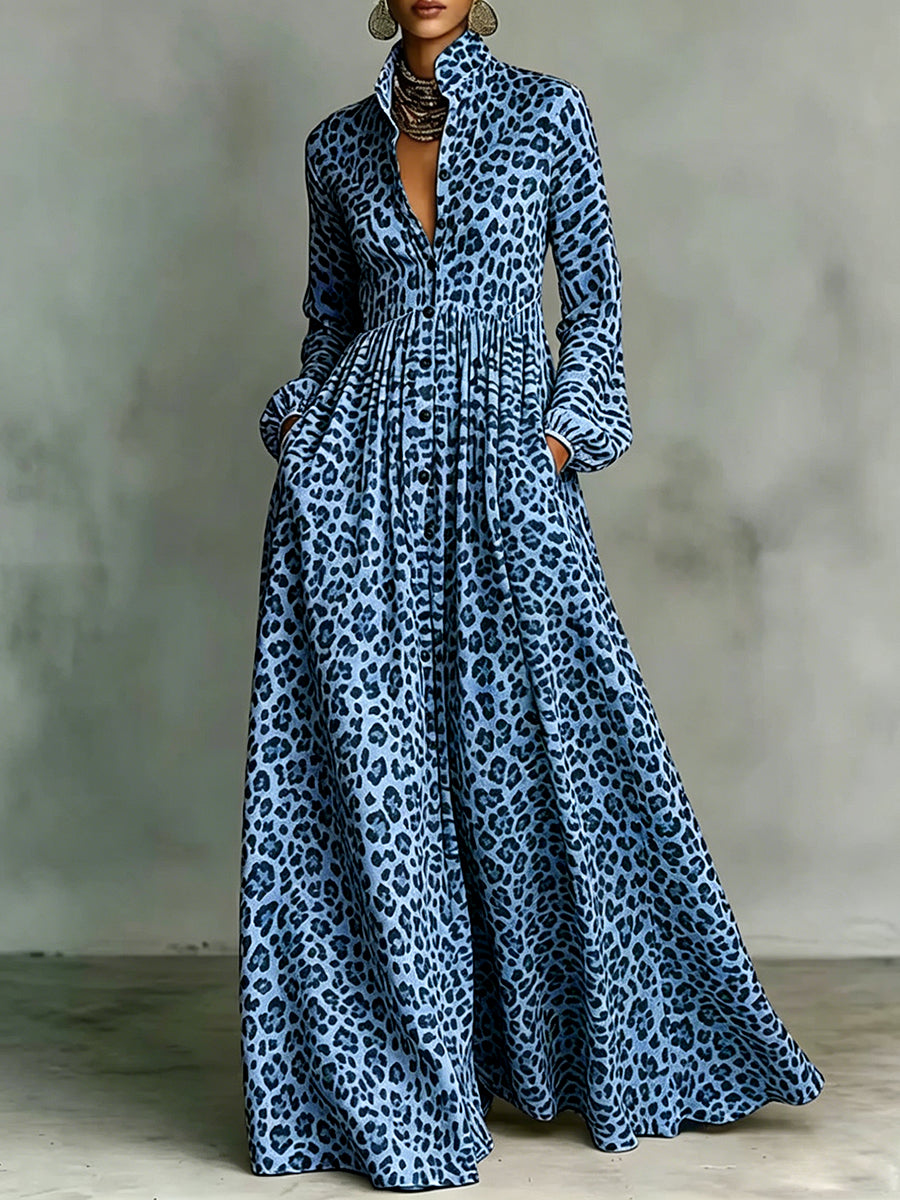 A-Line Long Sleeves Buttoned Contrast Color Leopard Pleated Pockets Lapel Maxi Dresses