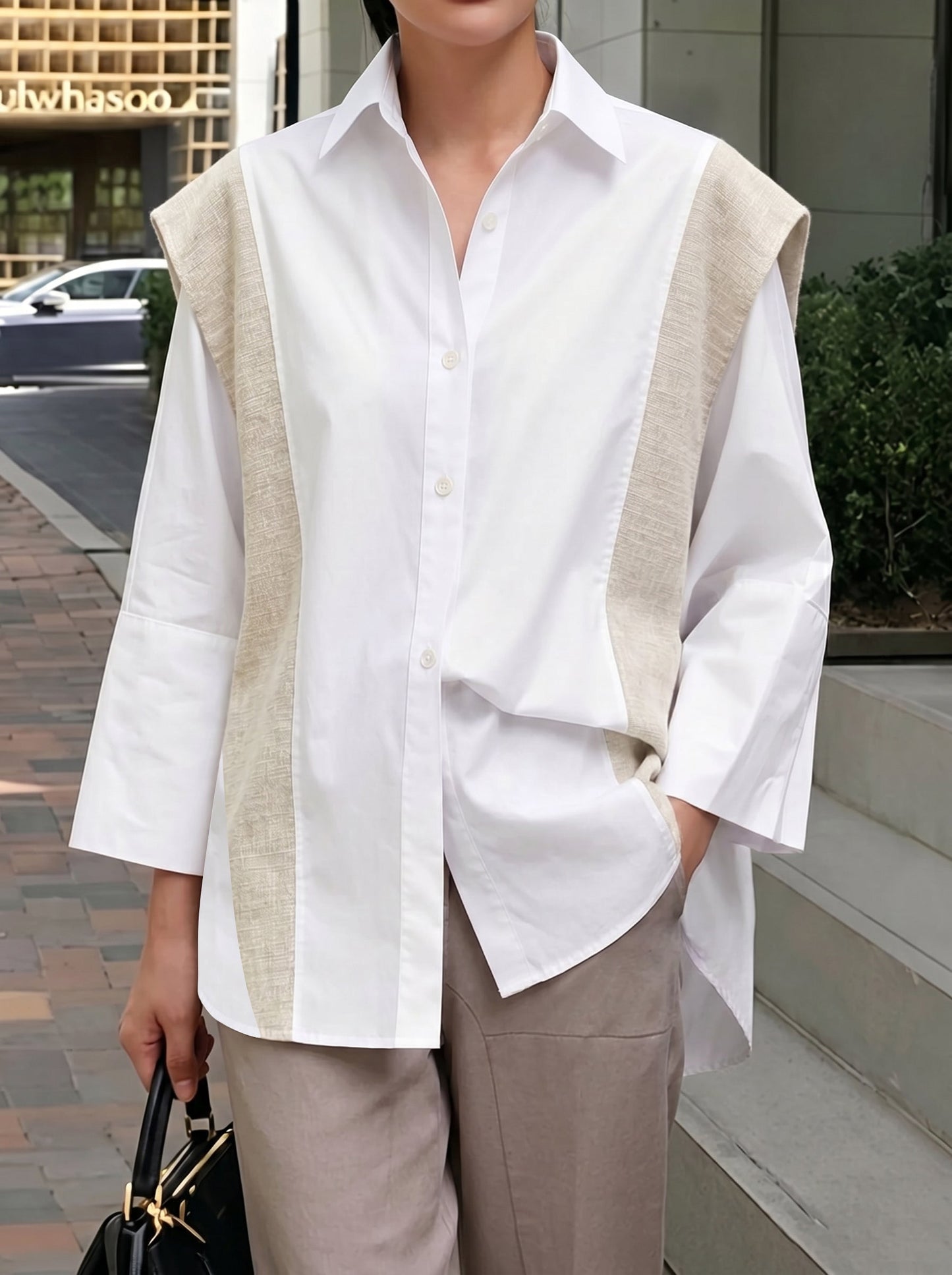 Flared Sleeves Long Sleeves Buttoned Contrast Color Split-Joint Lapel Blouses&Shirts Tops