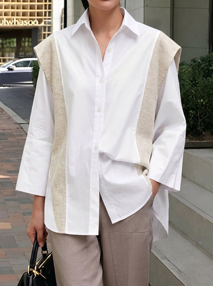 Flared Sleeves Long Sleeves Buttoned Contrast Color Split-Joint Lapel Blouses&Shirts Tops