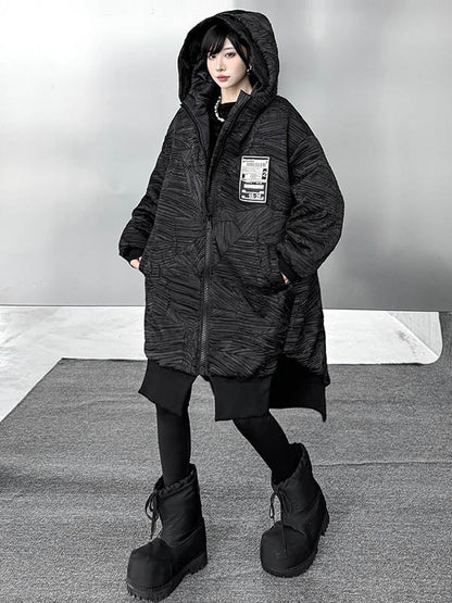 High-Low Irregularity Abstract Printed Contrast Color Split-Joint Zipper Hooded Outerwear Overcoat