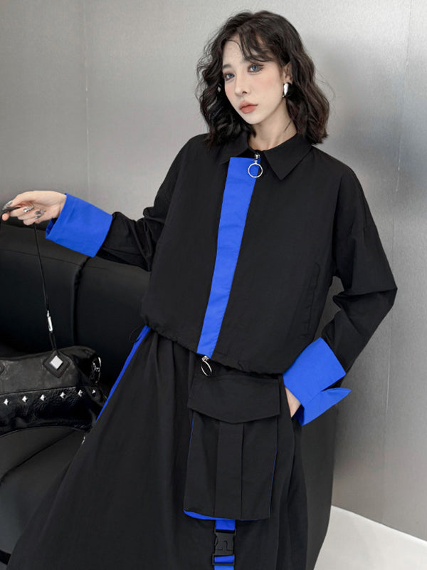 Asymmetric Contrast Color Split-Joint Lapel Blouses&Shirts Tops + A-Line Elasticated Waist Pockets Streamer Skirts Bottoms Two Pieces Set