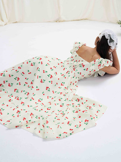 High Waisted Loose Buttoned Elasticity Flower Print Pleated Square-Neck Midi Dresses