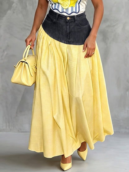 A-Line High Waisted Contrast Color Pleated Pockets Split-Joint Skirts Bottoms