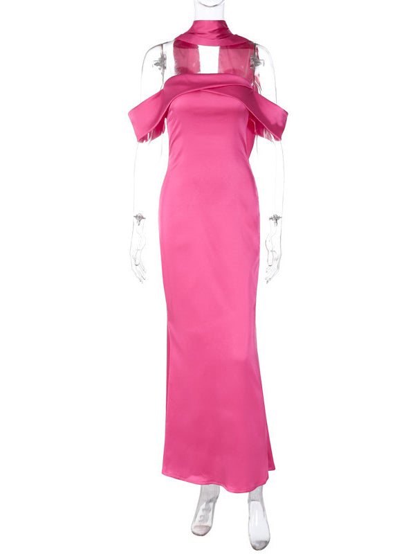 Sleeveless Solid Color Zipper Off-the-shoulder Maxi Dresses