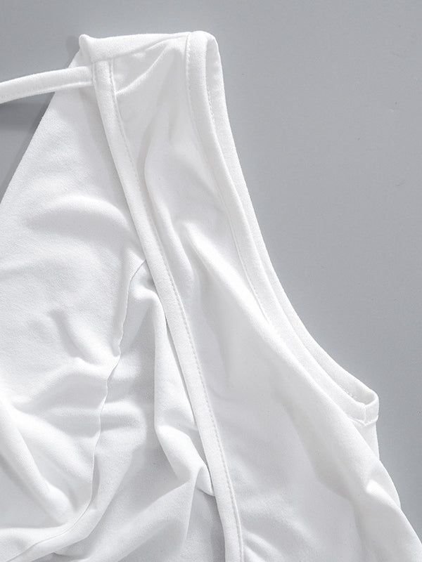 T-shirt ample, moulant, dos nu, à lacets, transparent, couleur unie, fendu, épaules dénudées 