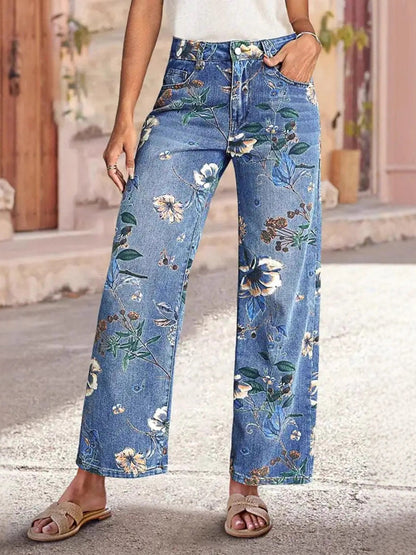 Pockets Flower Print Contrast Color High Waisted Trousers Jean Pants Bottoms