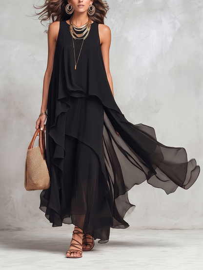 Solid Color Layered Sleeveless Loose Round-Neck Maxi Dresses