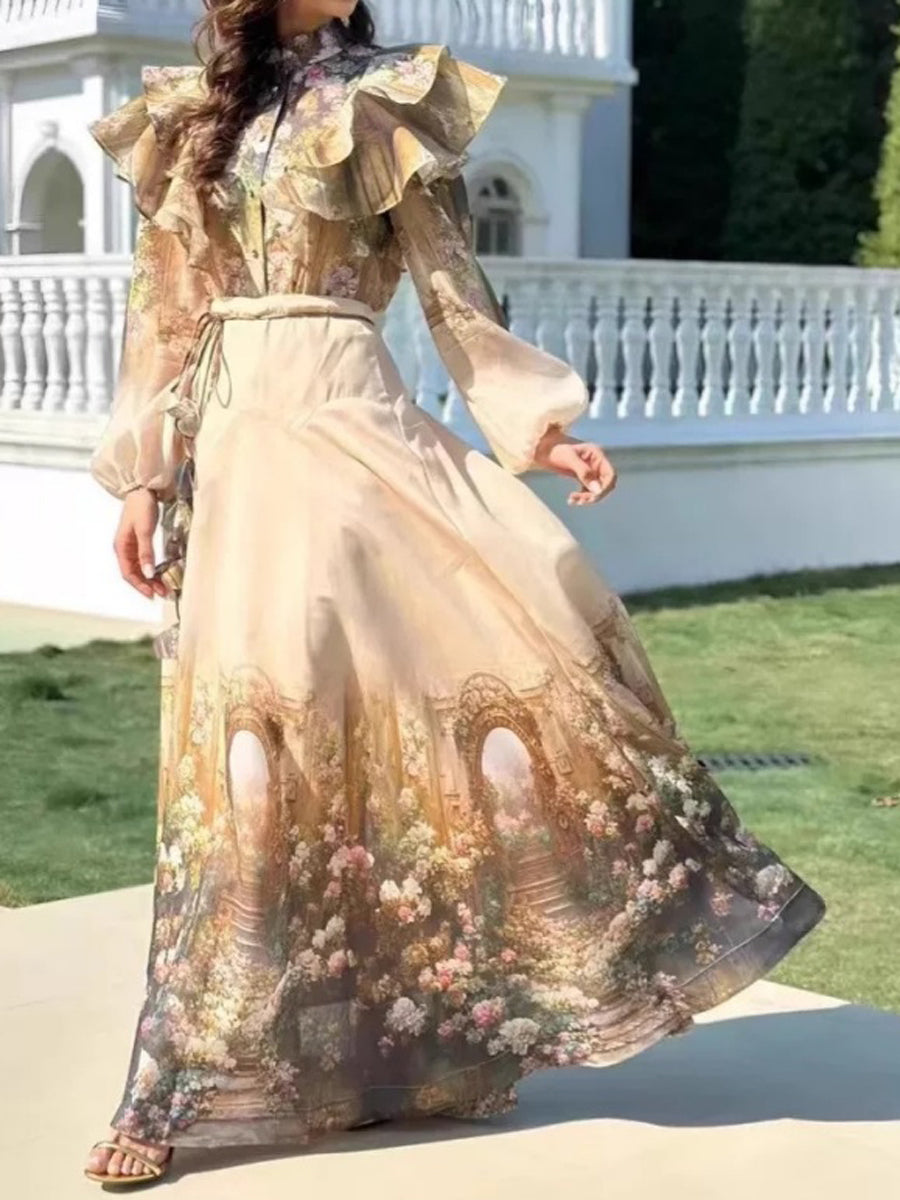 A-Line Long Sleeves Flower-Embellished Buttoned Flower Print Ruffled Half Turtleneck Sets Two-Piece Sets