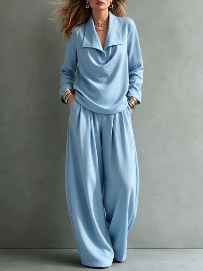 Solid Color Lapel Long Sleeves Blouses&shirts Tops + High Waisted Pleated Pockets Pants Trousers Two Pieces Set