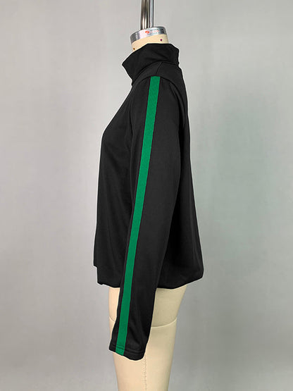 Long Sleeves Loose Buttoned Hollow Printed Split-Joint High Neck Sweatshirt Tops