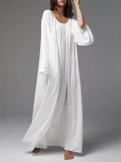 A-Line Flared Sleeves Pleated Solid Color Split-Joint Round-Neck Maxi Dresses