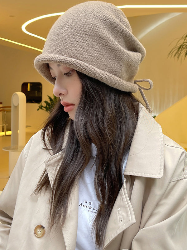 Einfarbige Strickmütze mit Kordelzug zum Warmhalten 