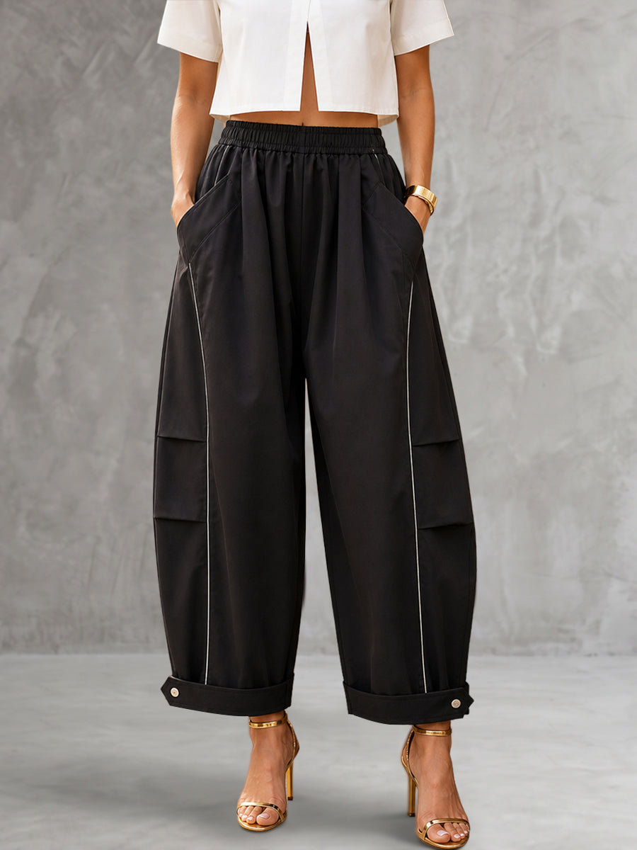 Pockets Elasticity Contrast Color Buttoned Wide Leg Loose Pants Cropped Trousers