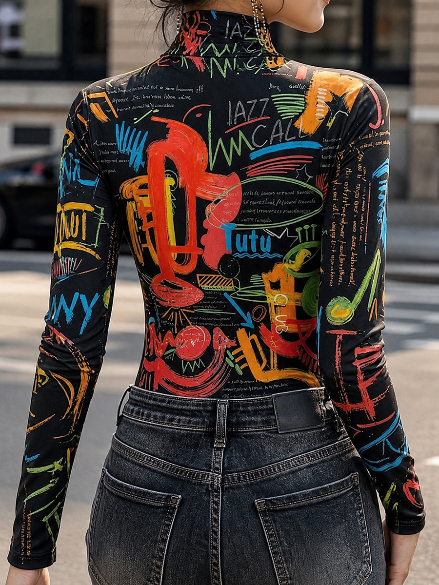 Printed Letter Print Contrast Color Skinny Long Sleeves Mock Neck T-Shirts Tops