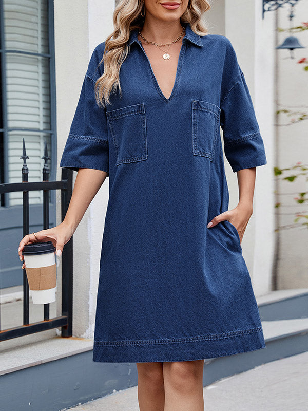 A-line Loose Pockets Solid Color Lapel Mini Dresses