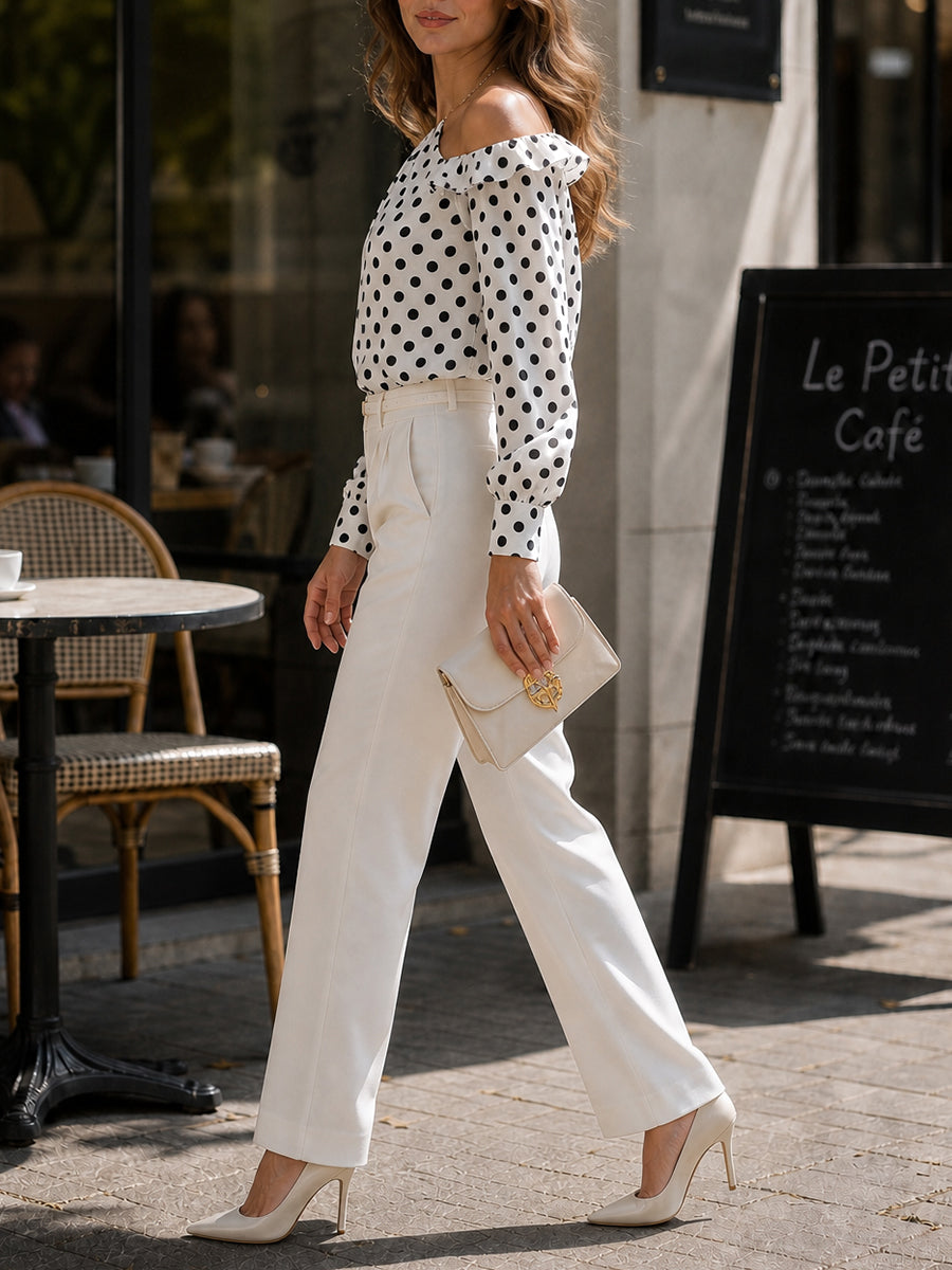 Ruffled Polka-Dot Long Sleeves Halter-Neck Blouses&shirts Tops