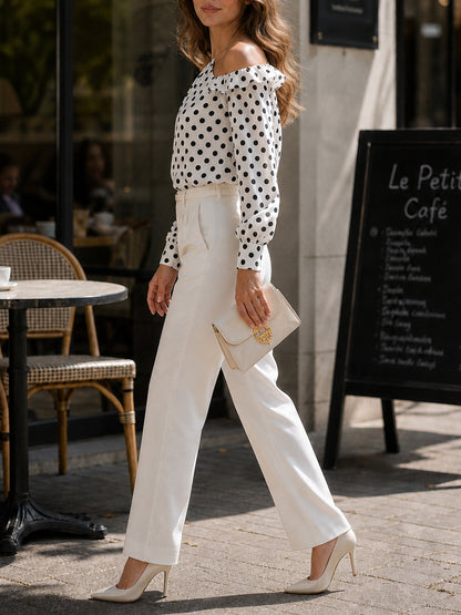 Ruffled Polka-Dot Long Sleeves Halter-Neck Blouses&shirts Tops