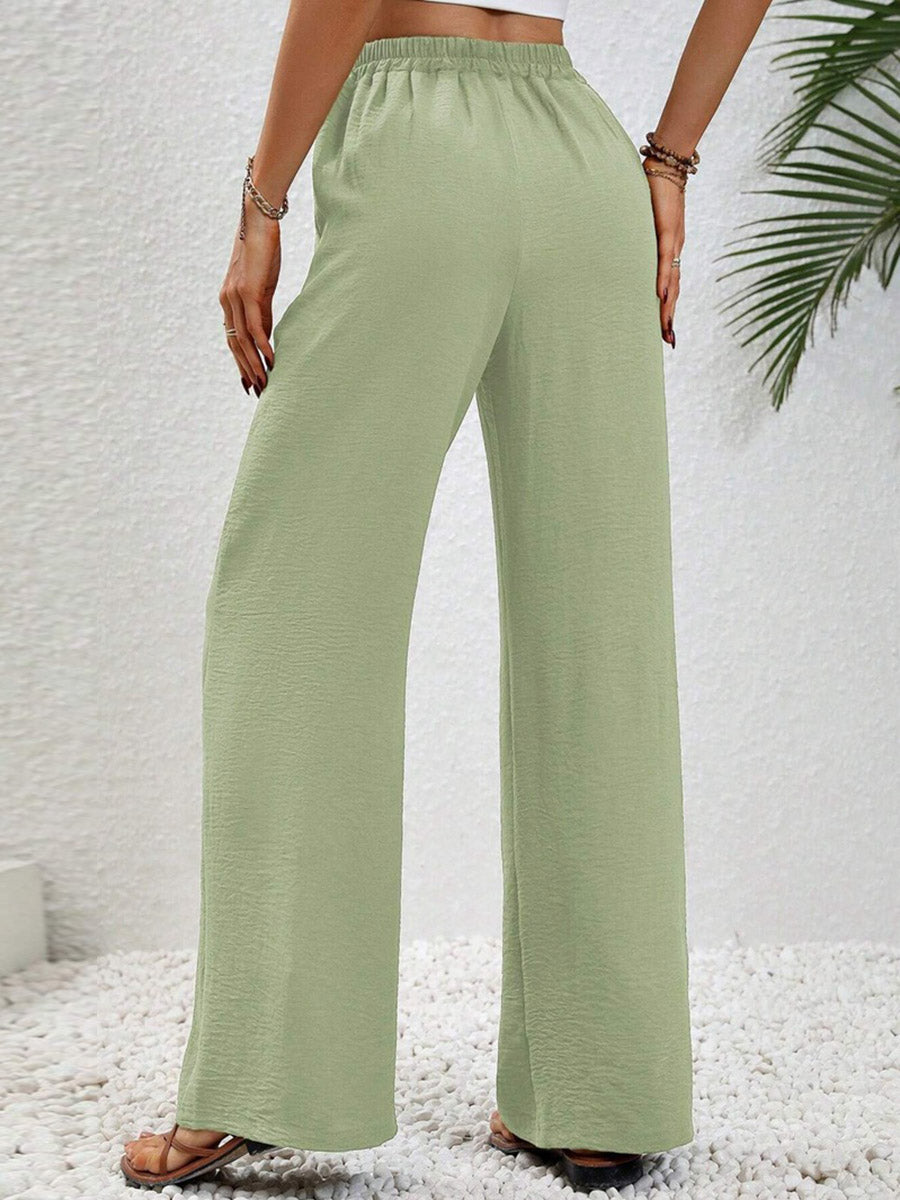 High Waisted Loose Elasticity Pleated Solid Color Tied Waist Pants Trousers
