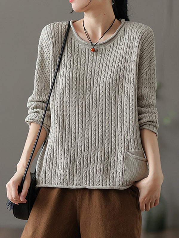 Artistic Retro Loose Long Sleeves Jacquard Solid Color Round-Neck Sweater Tops
