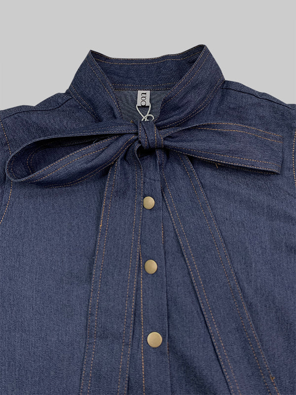 Tied Split-Joint Buttoned Bow-Embellished Puff Sleeves Long Sleeves High Neck Blouses&shirts Tops