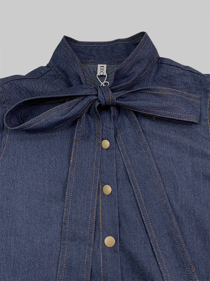 Tied Split-Joint Buttoned Bow-Embellished Puff Sleeves Long Sleeves High Neck Blouses&shirts Tops