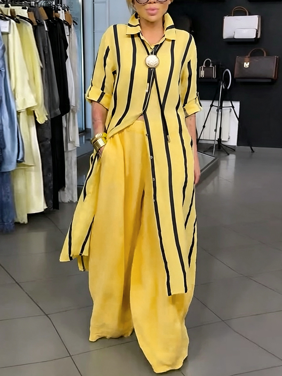 High‑low Long Sleeves Buttoned Contrast Color Striped Lapel Blouses&shirts Tops + Solid Color Pockets Wide‑Leg Bottoms Pants Trousers Two Pieces Set