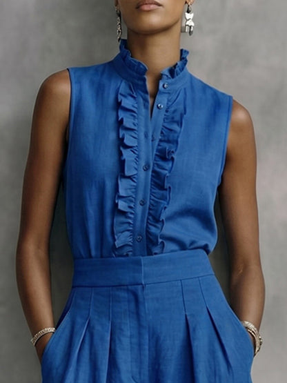Sleeveless Buttoned Ruffled Solid Color Stand Collar Blouses&Shirts Tops