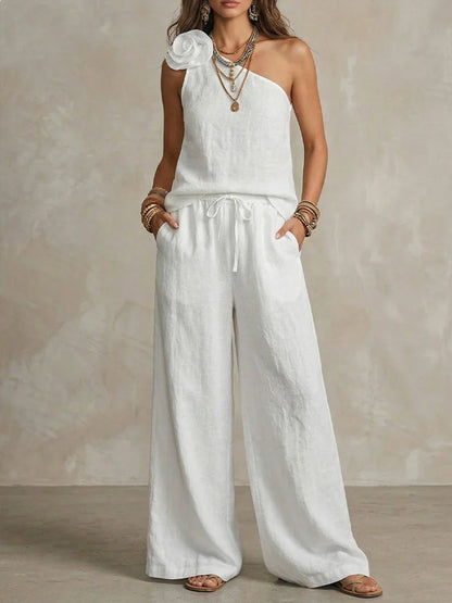 Loose Wide Leg Elasticity Pockets Solid Color Tied Pants Trousers