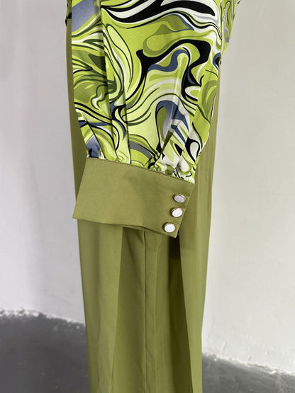 Long Sleeves Printed Heaps Collar Shirts Top + High Waisted Pants Bottom Two Pieces Set