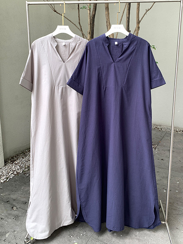 Robes longues amples à manches courtes et col en V de couleur unie 