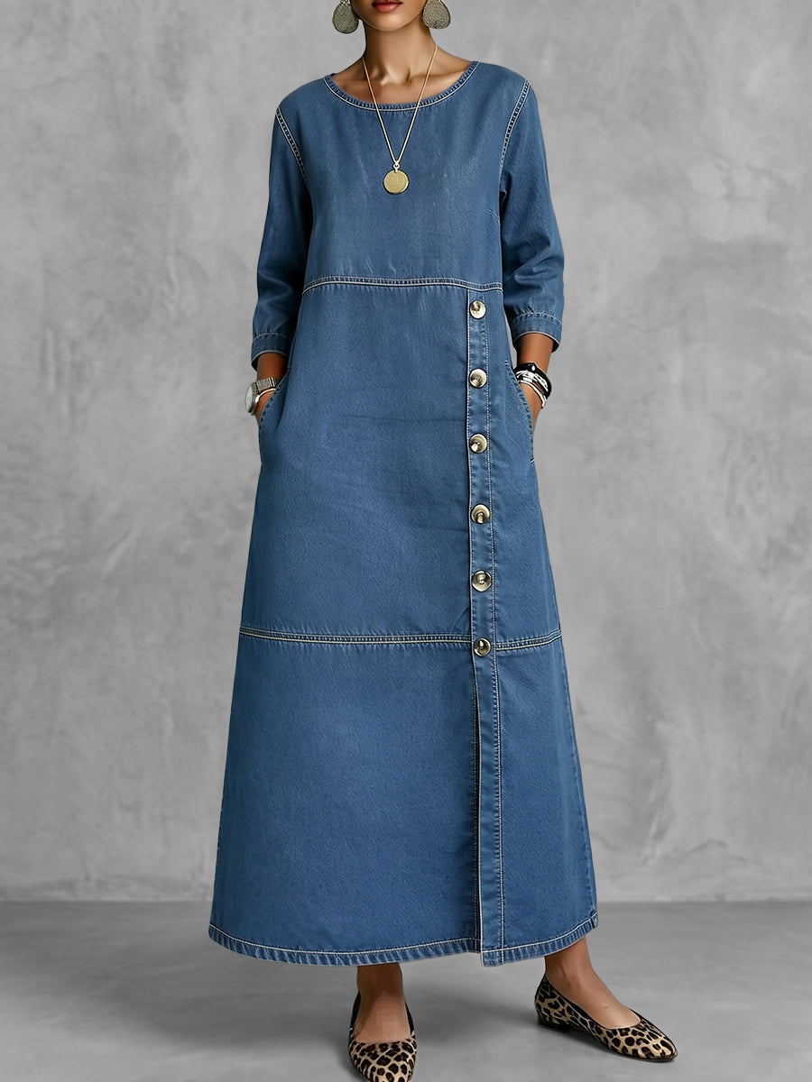 Split-side Pockets Buttoned Long Sleeves A-line Round-neck Maxi Dresses